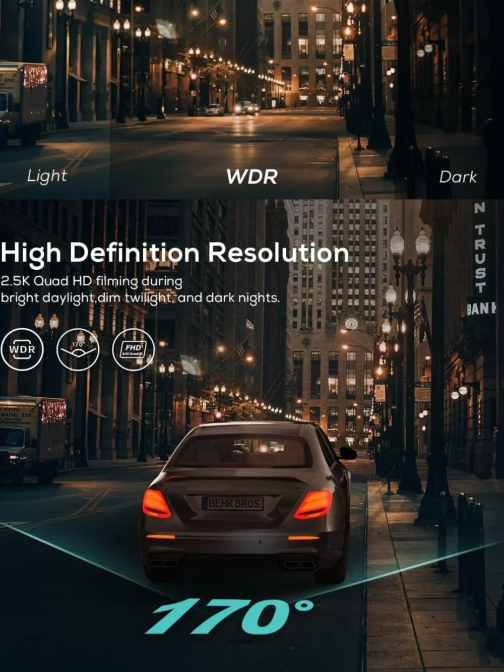 High-Definition 2.5K Dash Cam with Night Vision, 170° Wide Angle, Loop Recording